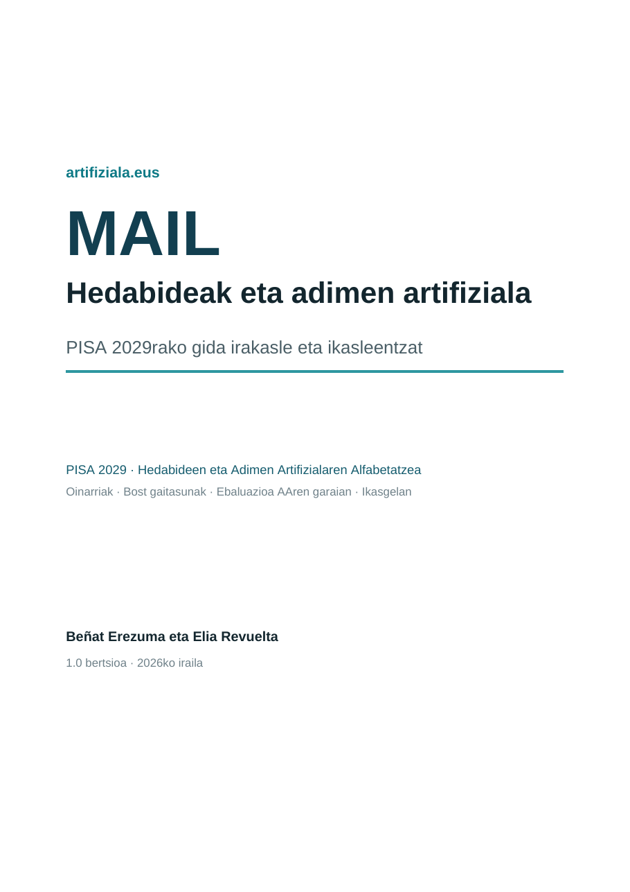 Liburuaren azala: MAIL, hedabideak eta adimen artifiziala. PISA 2029rako gida irakasle eta ikasleentzat.